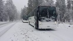 Two Motor Coaches stopped for a group in the snow